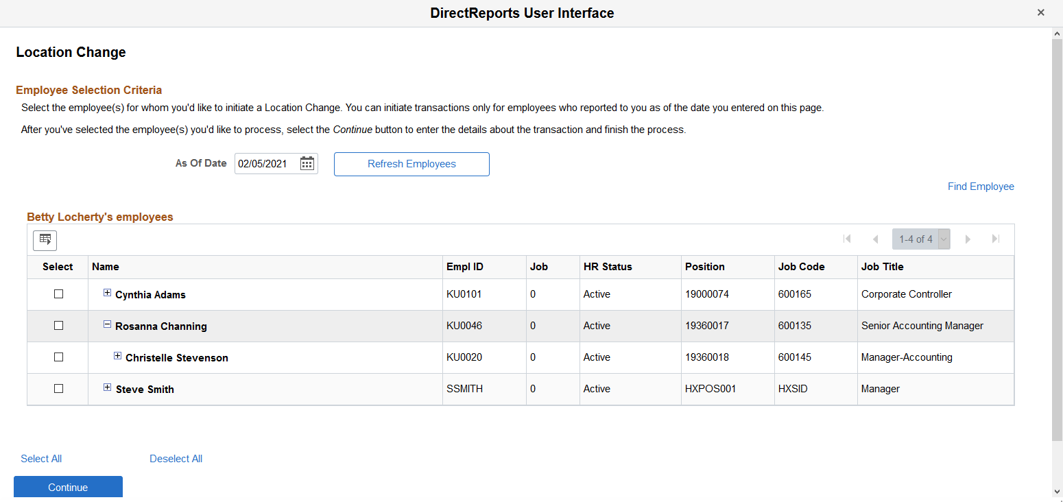 DirectReports User Interface page showing an example of the Location Change - Employee Selection Criteria page