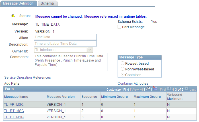 Message Definition page, showing the parts of the TL_TIME_DATA message