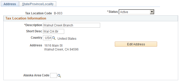 Tax Location Table - Address page
