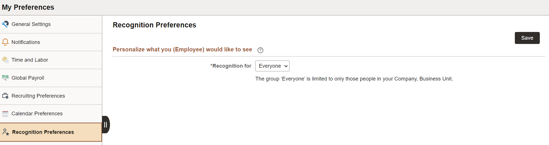 Recognition Preferences page