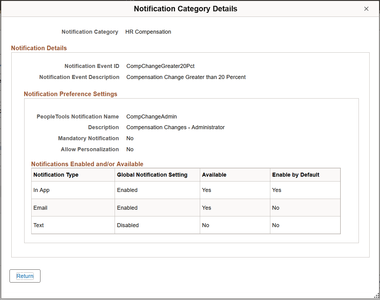 Notification Category Details Page