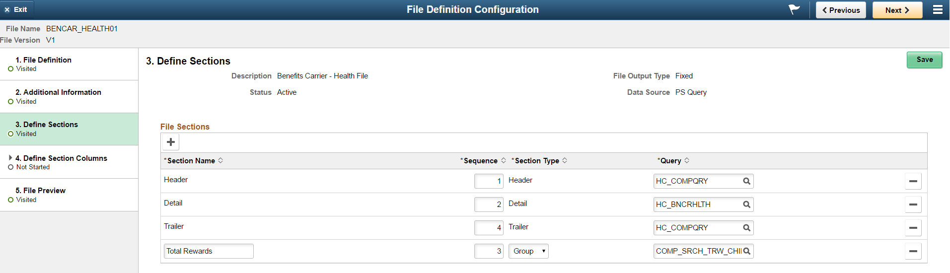 File Definition Configuration - Define Sections Page
