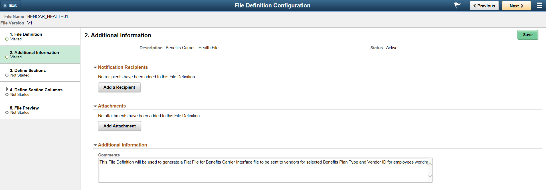 File Definition Configuration - Additional Information Page