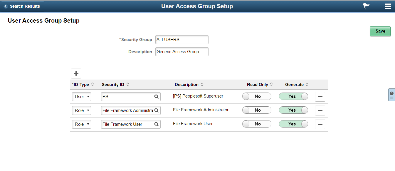 User Access Group Setup page