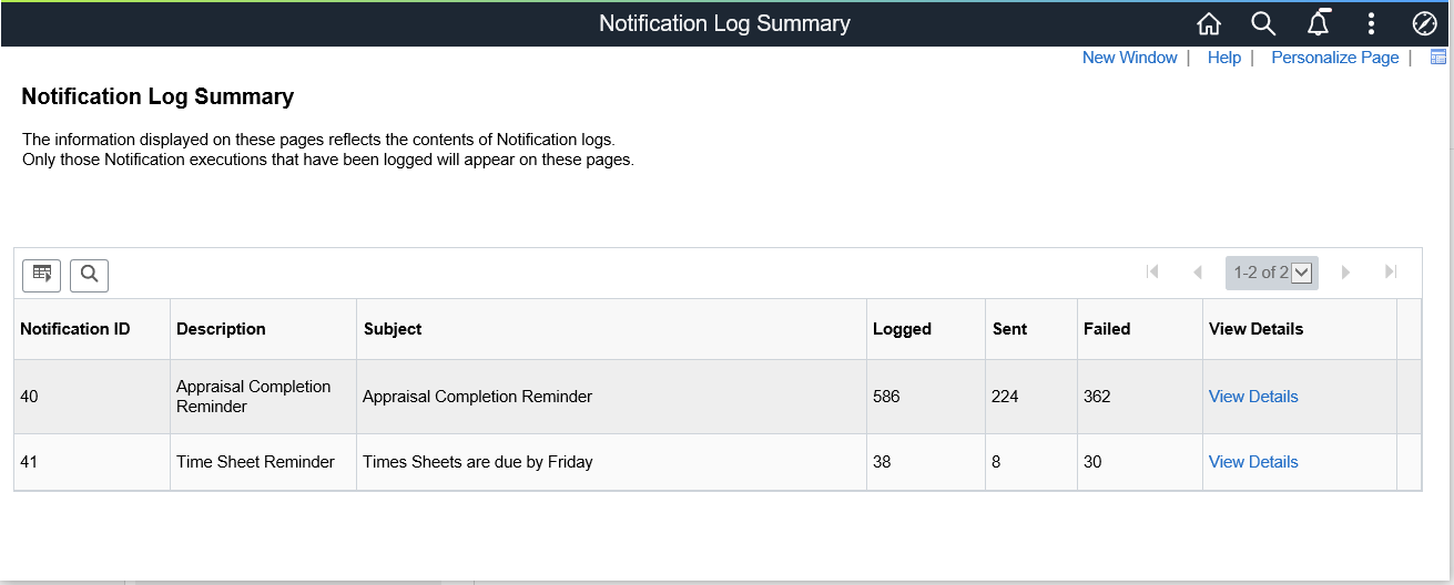 Notification Log Summary Page