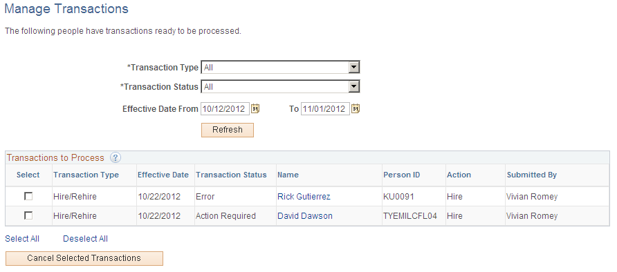 Manage Transactions page