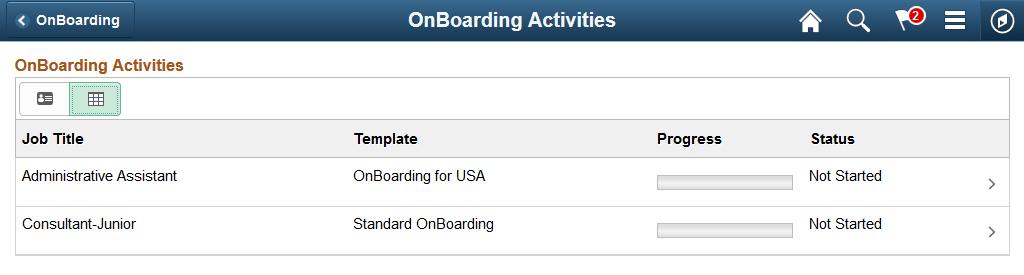 OnBoarding Activities Page: grid View