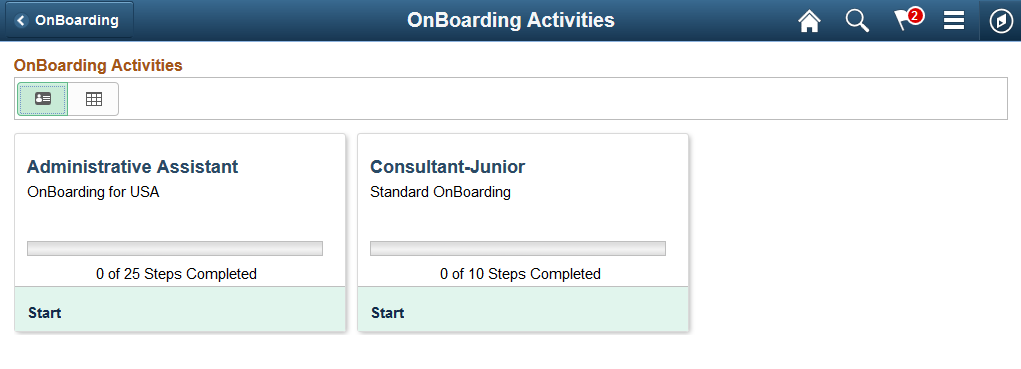 OnBoarding Activities page: card view