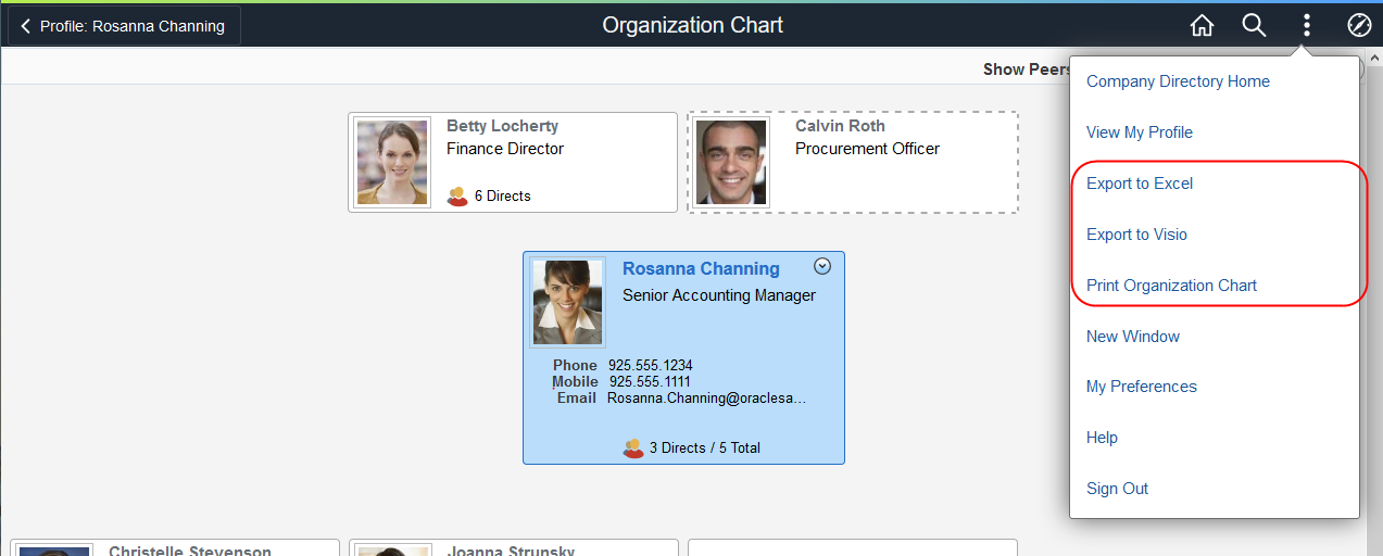 (Desktop) Actions List menu options for the Organization Chart page