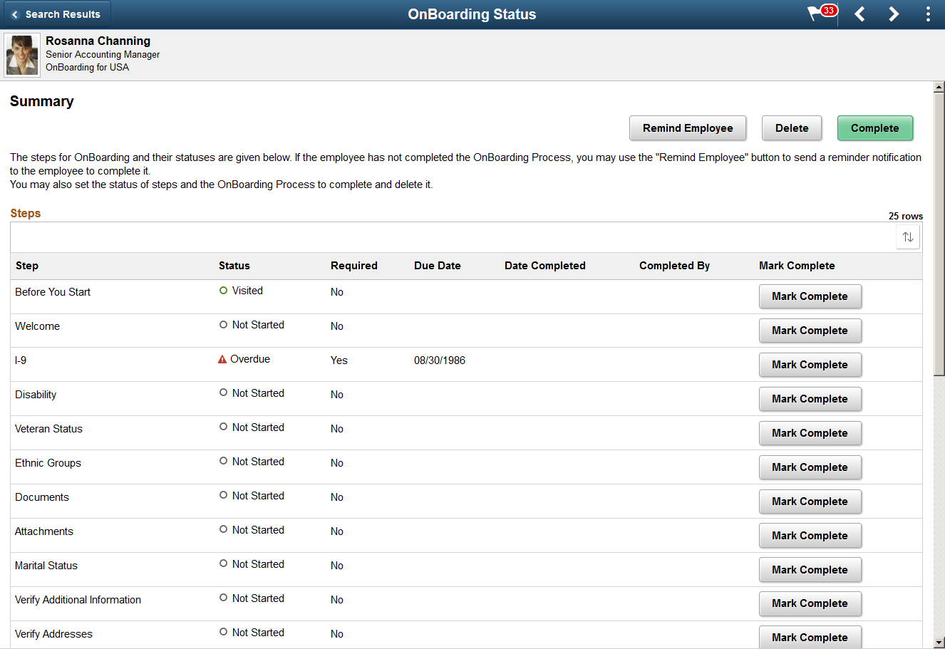OnBoarding Status page for an administrator