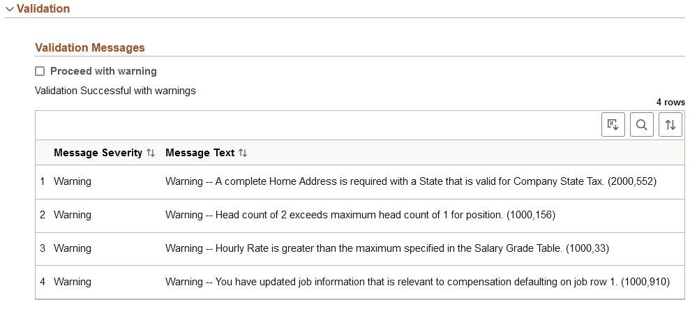 Job Data Page - Validate Section with warning messages