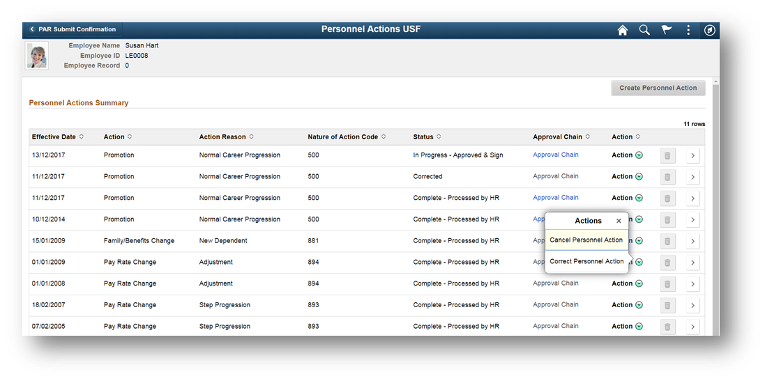 Create/View Personnel Actions page_Related Action button
