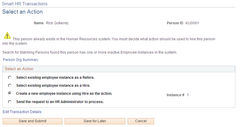 Smart HR Transactions - Select an Action page