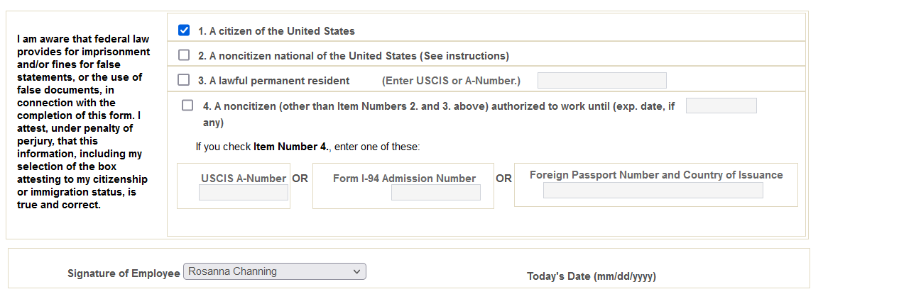 Employment Eligibility Verification page, Section 1 (2 of 3)