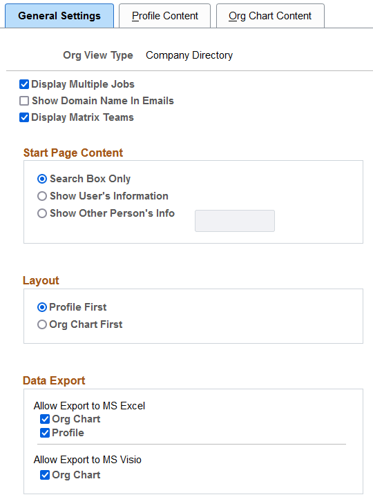 Chart and Profile Settings - General Settings page for the Company Directory org view type