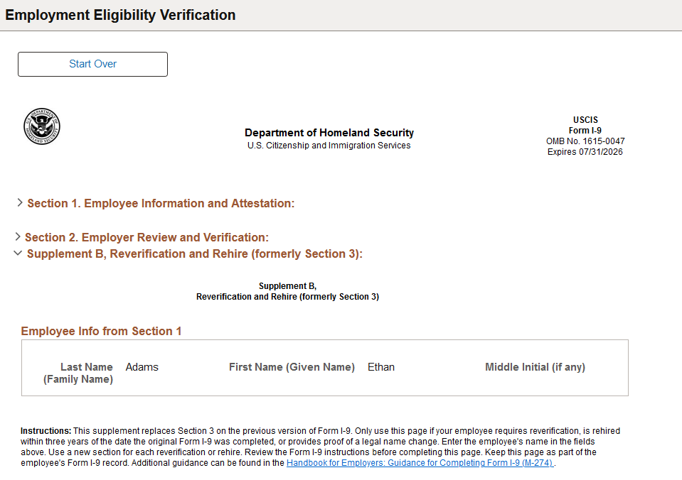Employment Eligibility Verification page, Supplement B, Reverification and Rehire (formerly Section 3) (1 of 2)