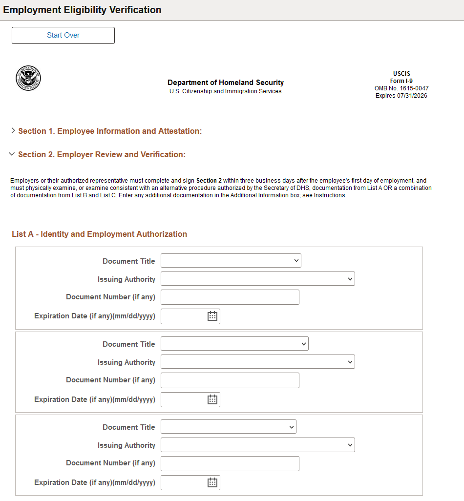 Employment Eligibility Verification page, Section 2 (1 of 3)