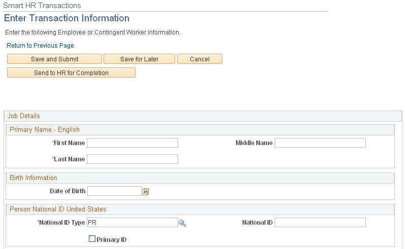 Example of the Enter Transaction Information page (1 of 2)