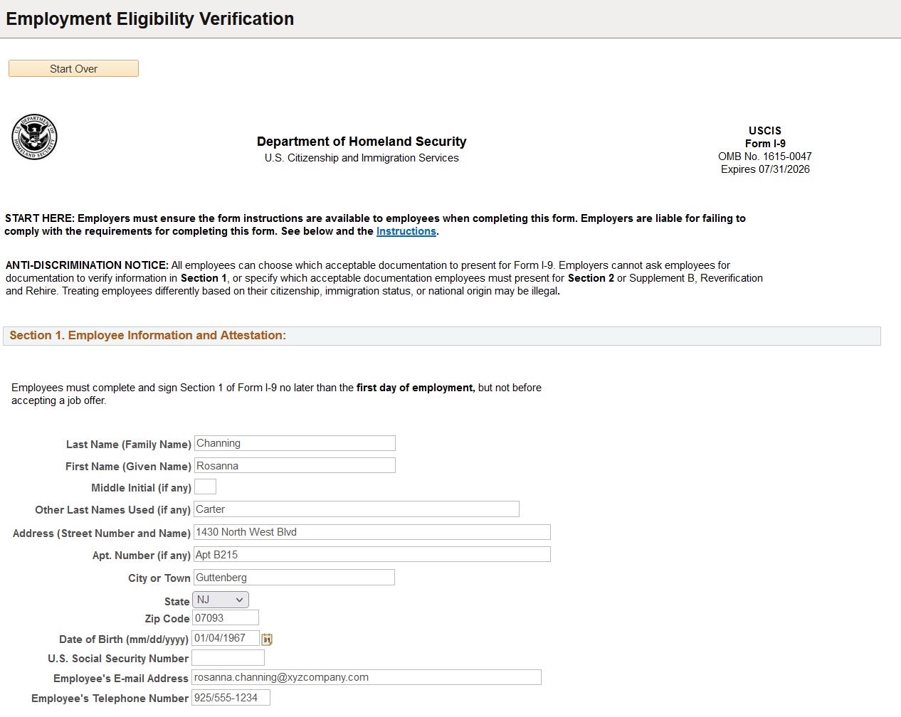 Employment Eligibility Verification page, Section 1 (1 of 3)