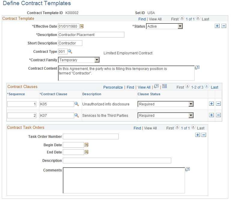 Define Contract Templates page