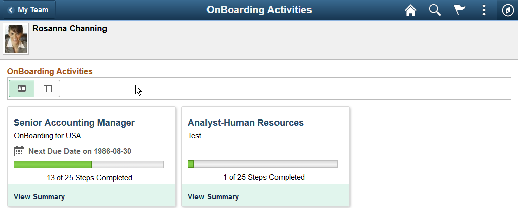 OnBoarding Activities page (for Managers): card view
