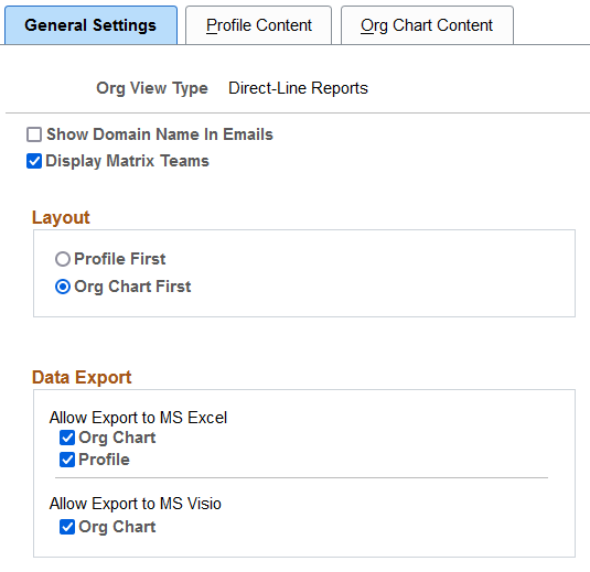 Chart and Profile Settings - General Settings page for the Direct-Line Reports and Matrix Reports org view types