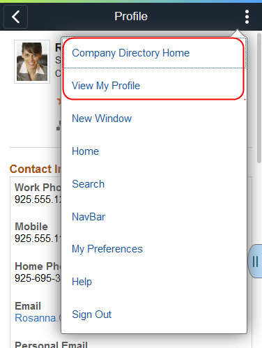 Actions List options for the Company Directory from the Profile pages