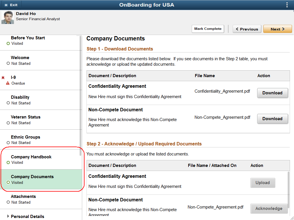 Example of the OnBoarding pages showing steps using document groups (2 of 2)