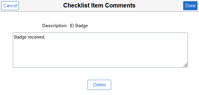Checklist Item Comments page