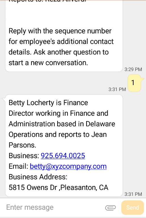 (Twilio-Based Text) Example of Employee Directory Assistant results