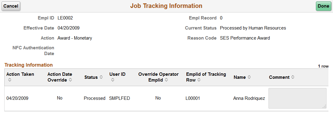 Job Tracking Information page