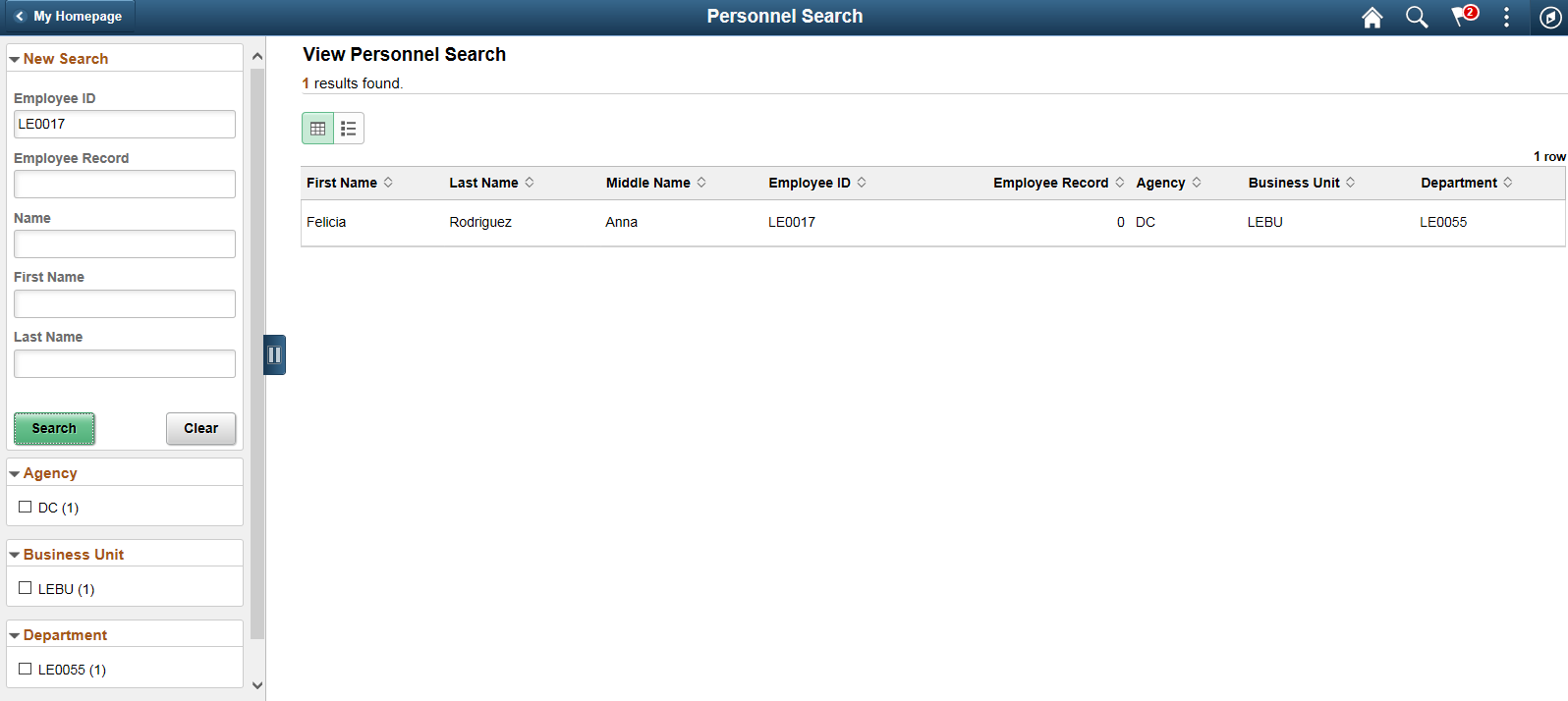 Personnel Search page