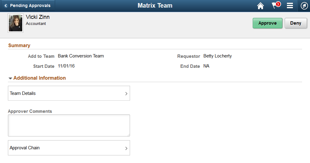 Pending Approvals - Matrix Team page