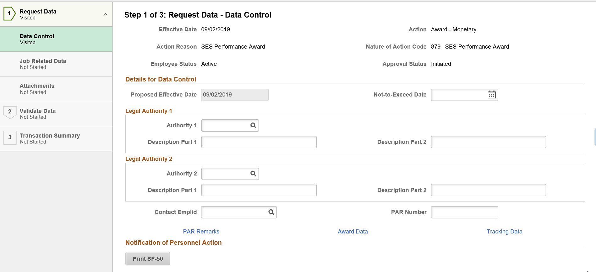 Request Data - Data Control page