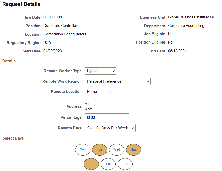 Remote Worker Request - Request Details page for a hybrid worker with a specific day schedule