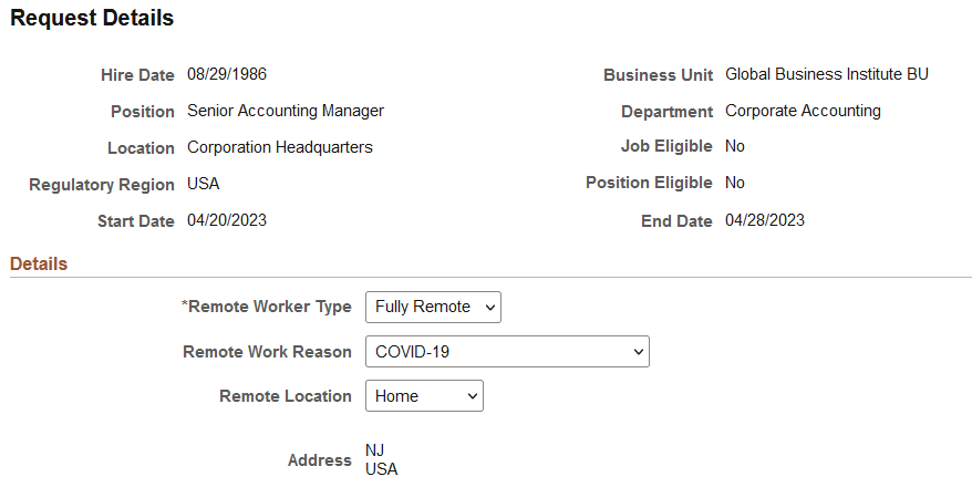 Remote Worker Request - Request Details page for a fully remote employee