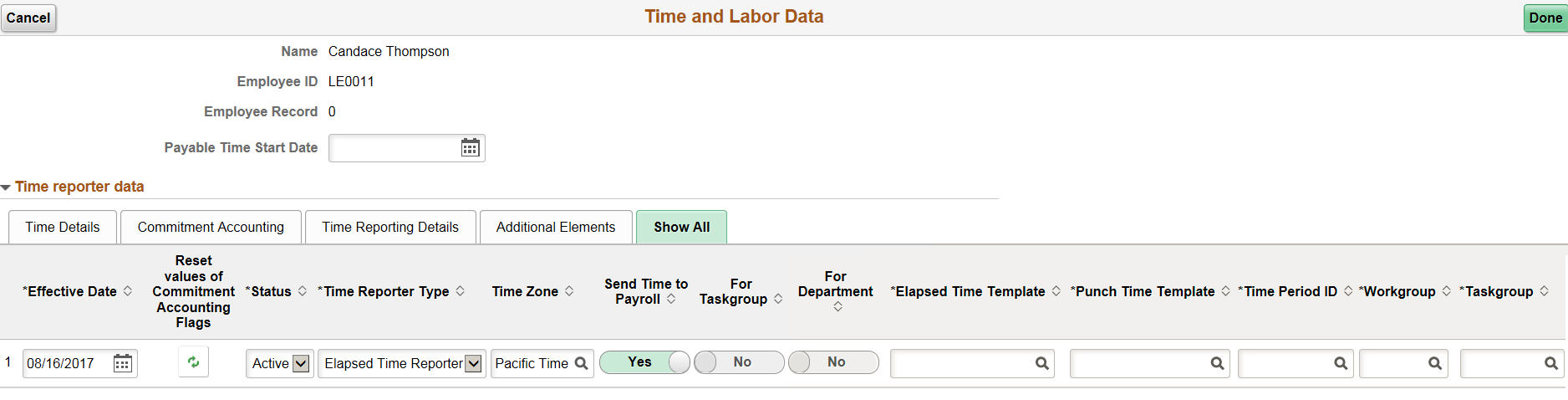 Time and Labor Data page (1 of 2)