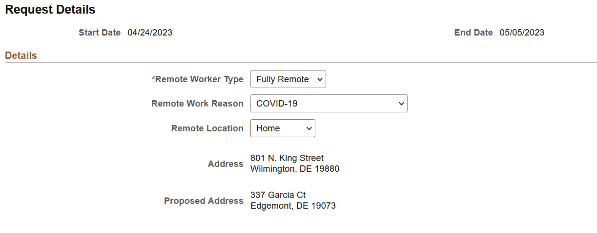 (Employee View) Remote Worker Request - Request Details page when an employee has an address change pending