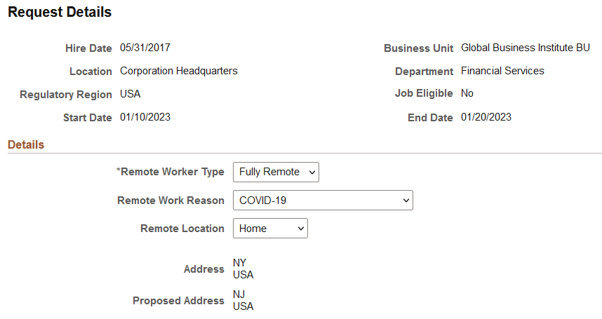 (Manager or Administrator View) Remote Worker Request - Request Details page when an employee has an address change pending