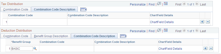 Encumbrance Definitions page: Combination Code Description tabs