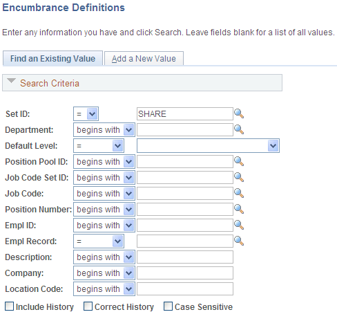 Encumbrance Definitions search page