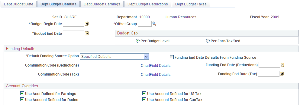 Dept Budget Defaults page