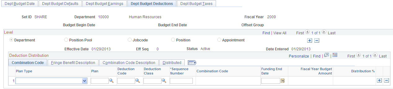 Dept Budget Deductions page
