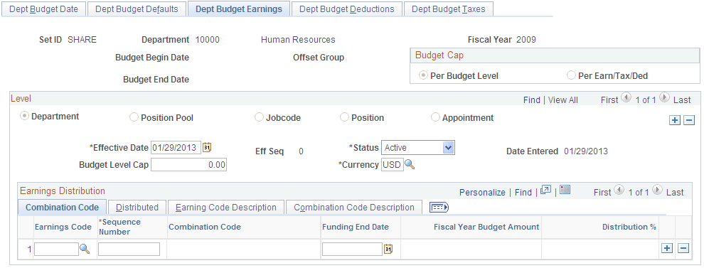 Dept Budget Earnings page