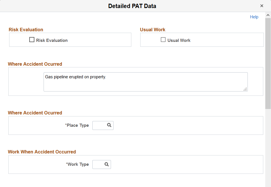 Detailed PAT Data page (HS_PAT2_ESP_SEC) accessed from the Injury Details - Details page (1 of 2)