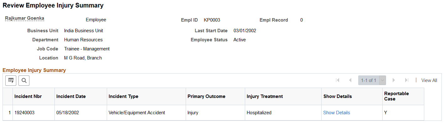 Review Employee Injury Summary page