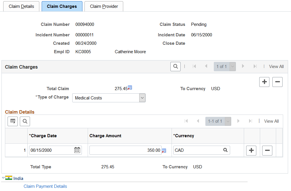 Claim Charges page