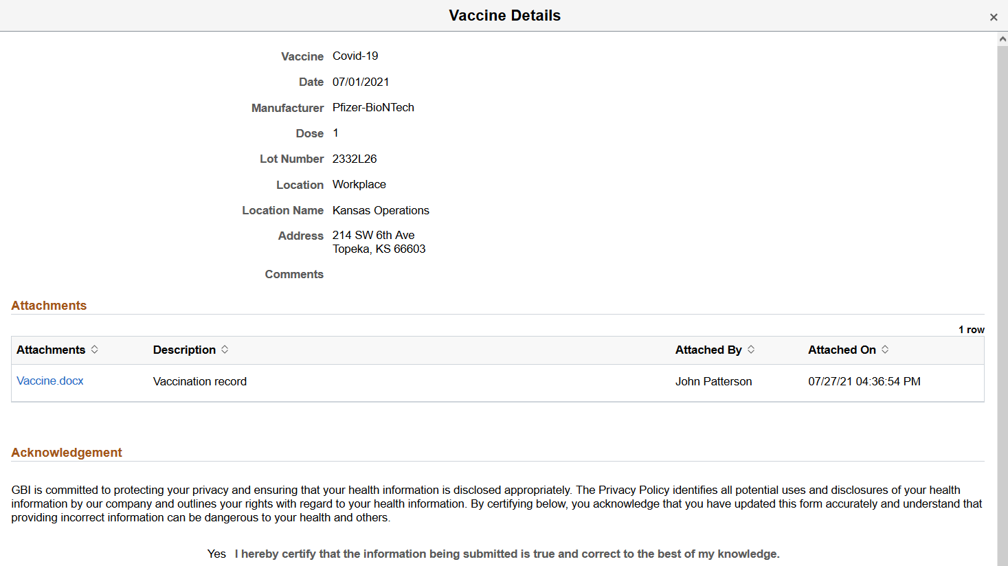 Vaccine Details page in read-only mode (1 of 2)