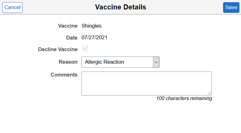 Vaccine Details page in edit mode (declining vaccine)