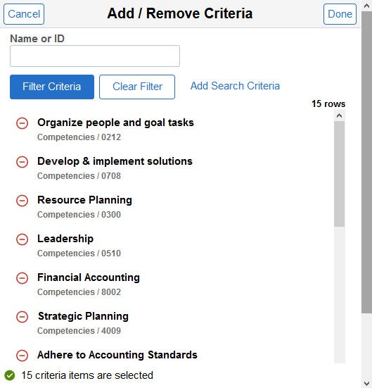 Add / Remove Criteria page showing all the selected criteria